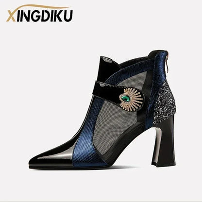 2022 Summer Mesh andningsbara sandaler med strass dekorationformade klackar retro brittisk stil sandaler läder stövlar kvinnor