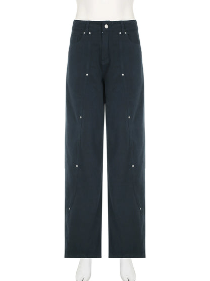 IAMSURE Casual Loose Rivet Jeans Wide Leg Pants Basic Low-Waisted Straight Pants Women 2025 Spring Autumn Streetwear Ladies