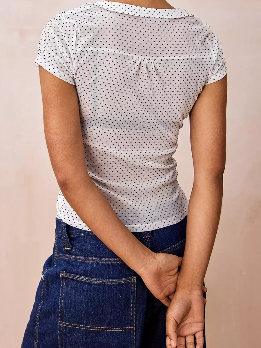 Women Short Sleeve Shirts Dot Print Doll Collar Button Down Blouses Summer Casual Tops Streetwear