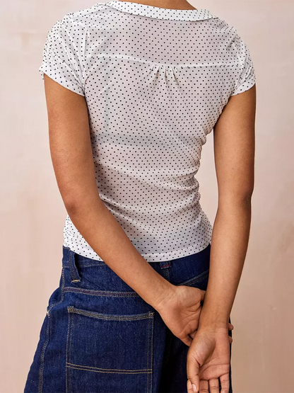 Women Short Sleeve Shirts Dot Print Doll Collar Button Down Blouses Summer Casual Tops Streetwear
