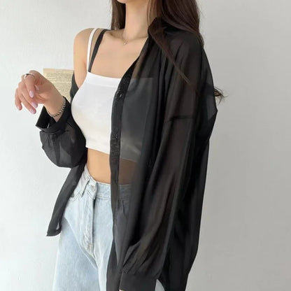 Women Shirt Long Sleeve Top Blouse Female Chiffon Loose Summer Cardigan Thin Sexy Solid Color Casual Shirt Outerwear Прозрачная
