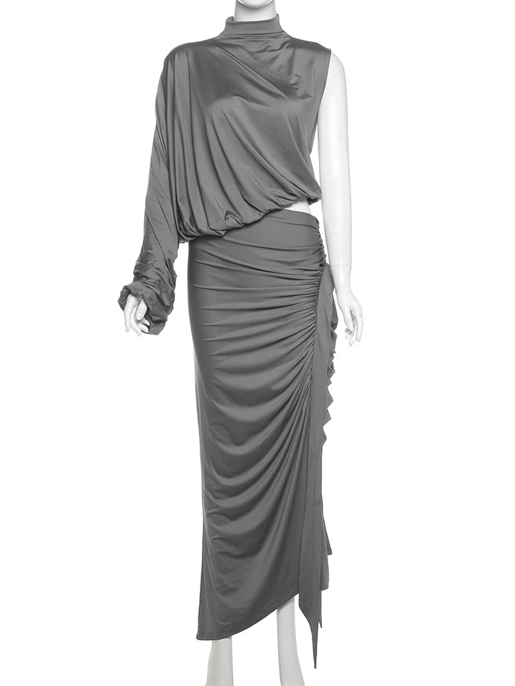 Nibber Sommer Y2K Solid Style 2Piece Set Women Turtleneck Single Schulterhülle Tops+gerissene lange Röcke Mode elegante Outfits