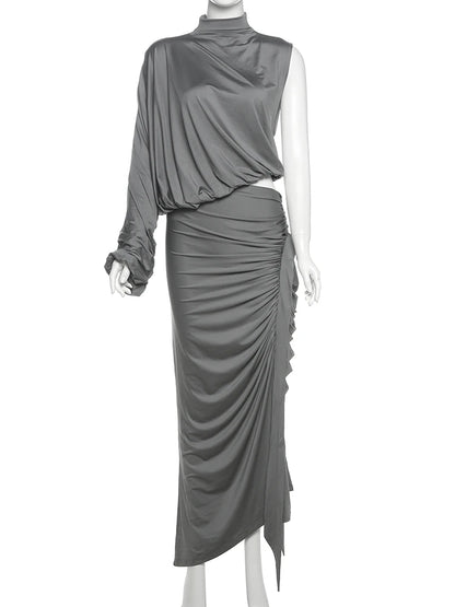 Nibber Sommer Y2K Solid Style 2Piece Set Women Turtleneck Single Schulterhülle Tops+gerissene lange Röcke Mode elegante Outfits
