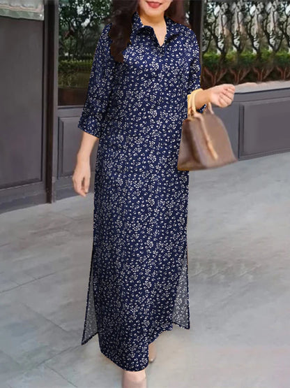 Zanzea Kvinder 3/4 ærme Lange kjoler Fall 2024 Fashion Lapel Neck Cotton Shirtdress Vintage Floral Print Maxi Shirt Dress Ny i
