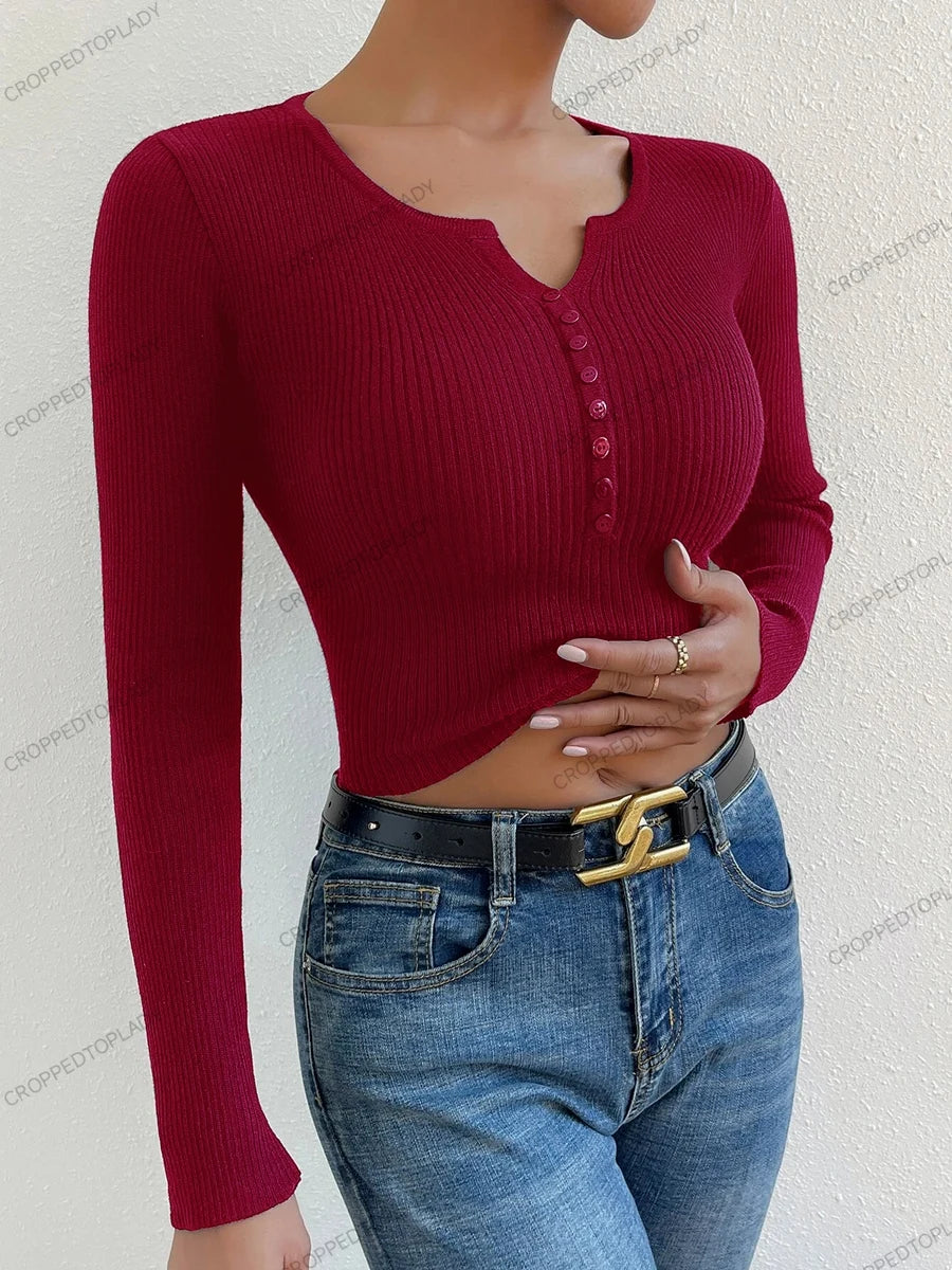 Nuove donne Falf abbottonate a costine Maglietta a maniche lunghe a manica lunghe V Magione a v Rilievo femme slim y2k cupolo pullover maglia