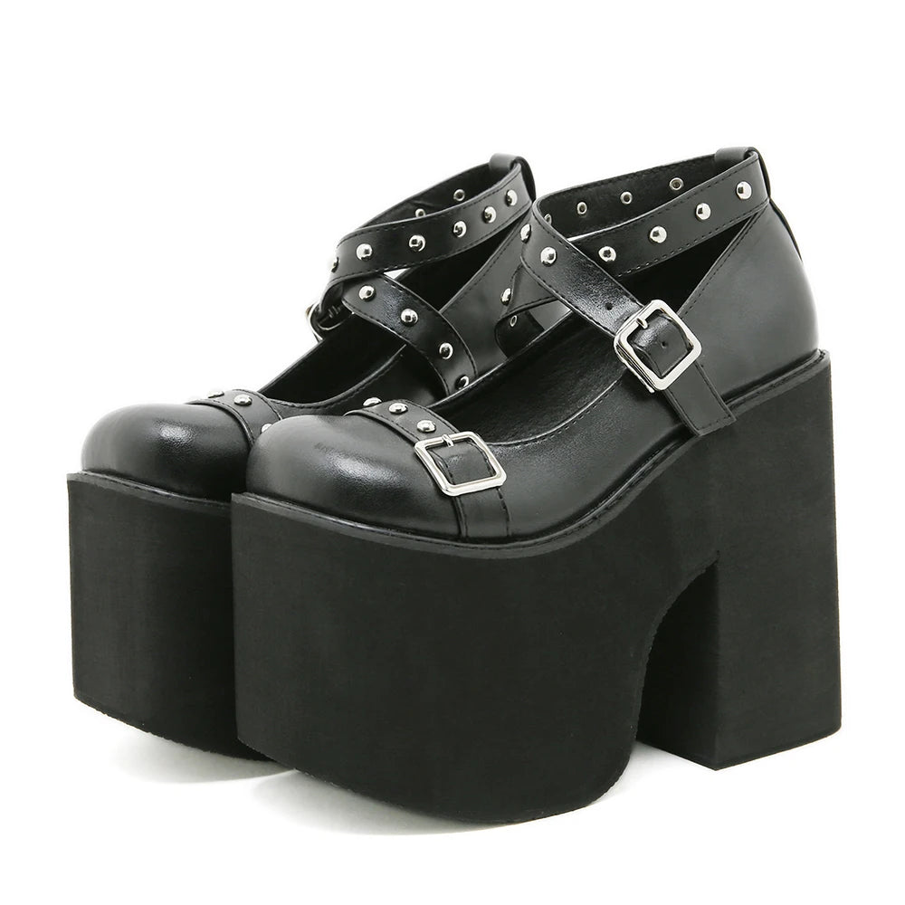 Gdgydh Punk Style Black Rivet Buckle High Heels Shoes for Women Trendy Gothic Waterproof Platform Shoes Belt Buckle Chunky Heels
