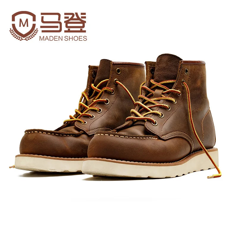 Maden Vintage 875 Knöchelstiefel echte verrückte Pferdederleder runden Zeh Langlebige Schnürstiefel für Winter Herbst Arbeit Schuhe