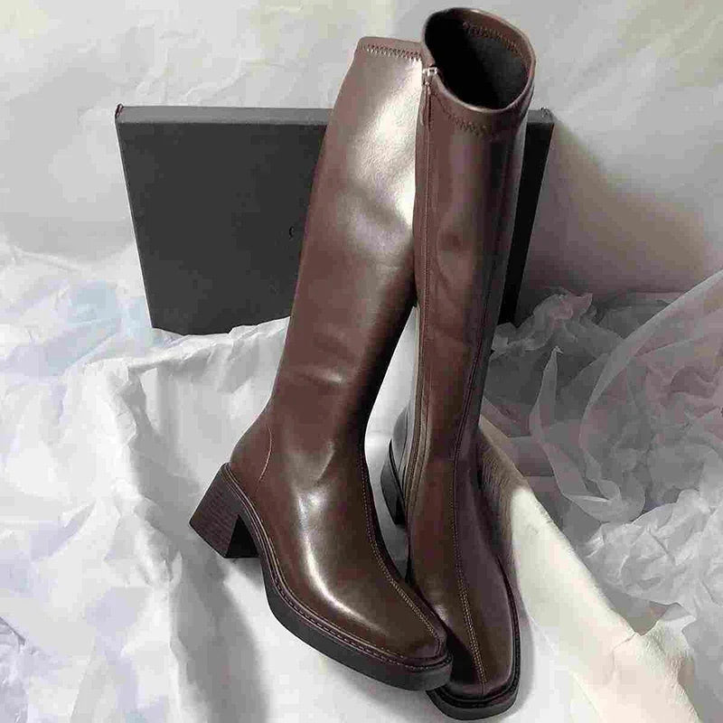 Vintage talon épais femmes genoue bottes hautes mode glissières