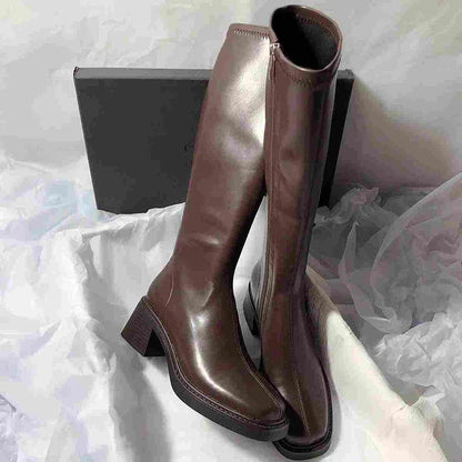 Vintage talon épais femmes genoue bottes hautes mode glissières