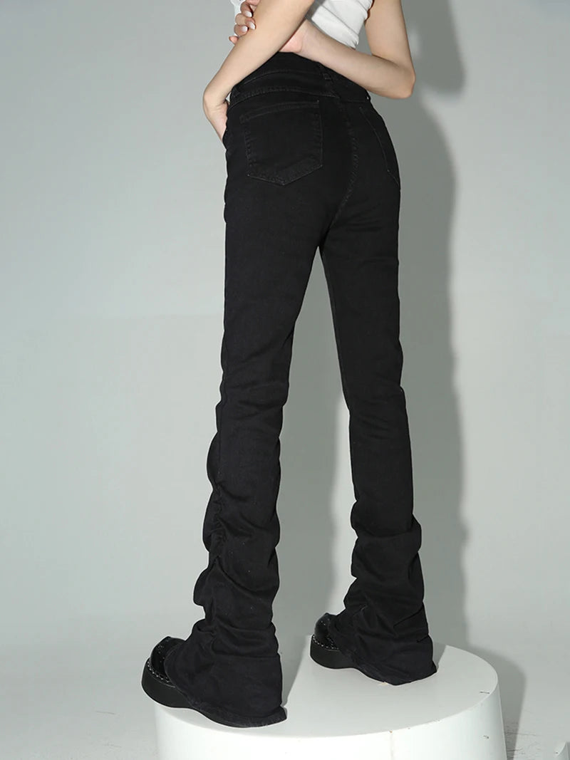 Calça de jeans de flare pilhada de reddáquica Mulheres pretas Goth Retro Strety Stret