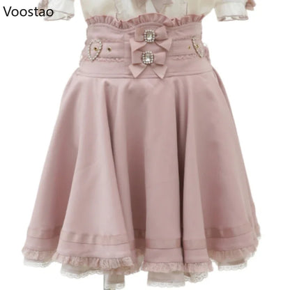 Gothic Lolita trak dvojna premca z visokim pasom krilo ženske sladke bisere Buckle čipkaste krilo japonsko luštno a-line mini krila