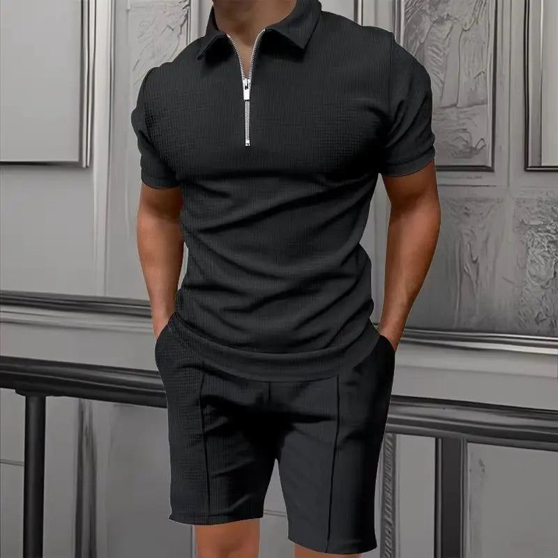 Heren comfortabel wafelpolo shirt met korte mouwen en shorts set - ademende lichtgewicht lente/zomerkleding