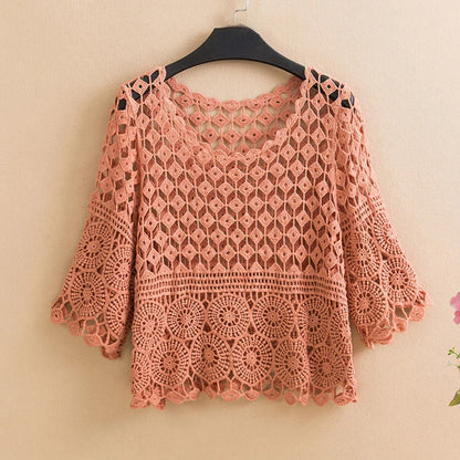Women 2025 Spring Summer New Hook Flower Hollow Loose Pullovers Female Shawl Knitted Tops Ladies Short Jumper Sweater Tops W38