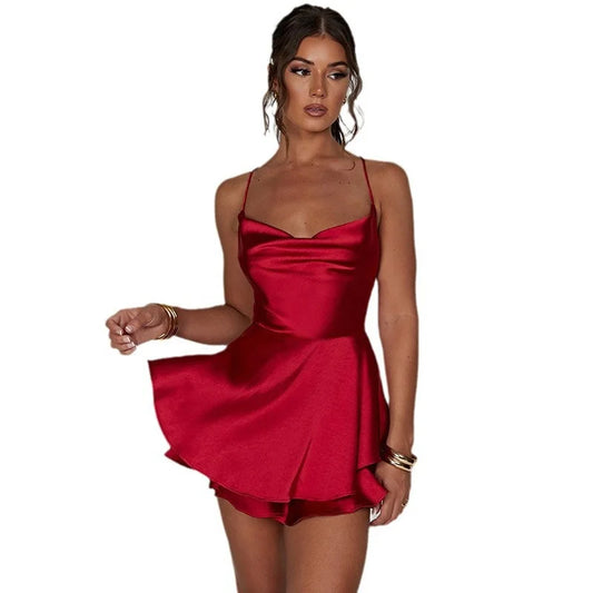 Sommer Solid Farbe Rückenfreier sexy Mode Satin Lady Kurzes Gurtkleid elegante süße Gurt Pullover Frauen Minirock neu 23235