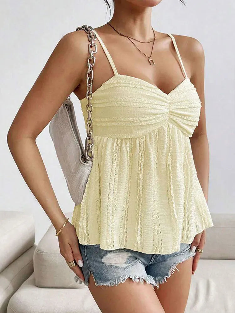Žene novi vrhunski kamisole ljetne odjeće moda casual tanki naborani gornji tenk solidna seksi dama bez v-izreza camisole odjeća