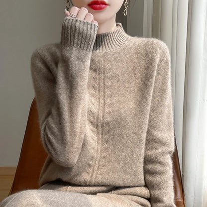 2025 Hemp Pattern Half Turtleneck Women's Woolen Sweater Autumn and Winter Warm 100% Wool Sweater Pure Color Comfort Pullover