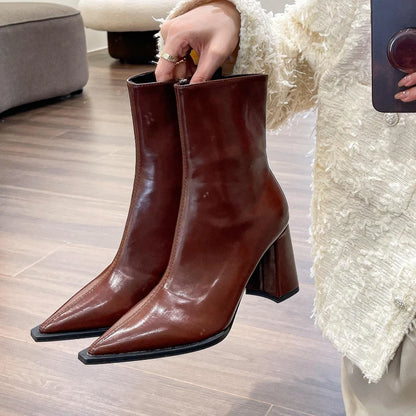 Pointed Toe Women Ankle Boots Fashion Elegant Soft Leather Shoes Thick Heel Women's Modern Short Booties