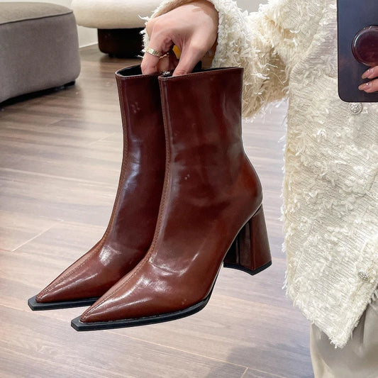 Pointed Toe Women Ankle Boots Fashion Elegant Soft Leather Shoes Thick Heel Women's Modern Short Booties