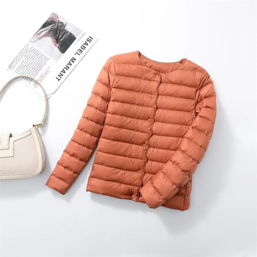 2024 Fall Spring Autume Collarless Light Quilted Puffer Coat New Women Liner Duck Down Jacket O-neck Variable V-neck Female