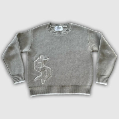 Y2k harmaa pitkähihainen villapaita dollarin goottilainen kirjonta pullover goth retro rento katuvaatteet vanhat rahat miehet boxy neulottu vaatteet
