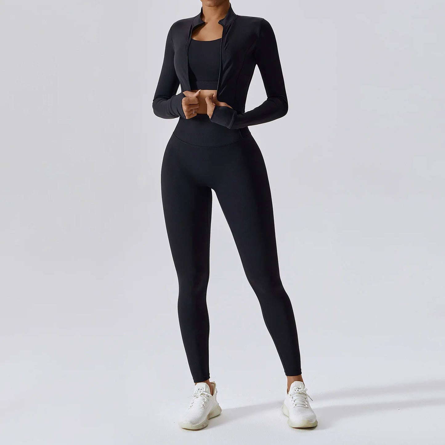 3 Pieces Women Tracksuit Yoga Set Workout Sportswear Gym Clothing Fitness Long Sleeve Crop Top High Waist Leggings Sports Suits