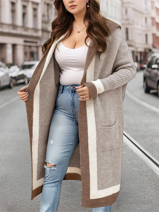 2024 Autumn and Winter New Women's Clashing Vertical Stripes Placket Hooded Long Cardigan (With Pocket)