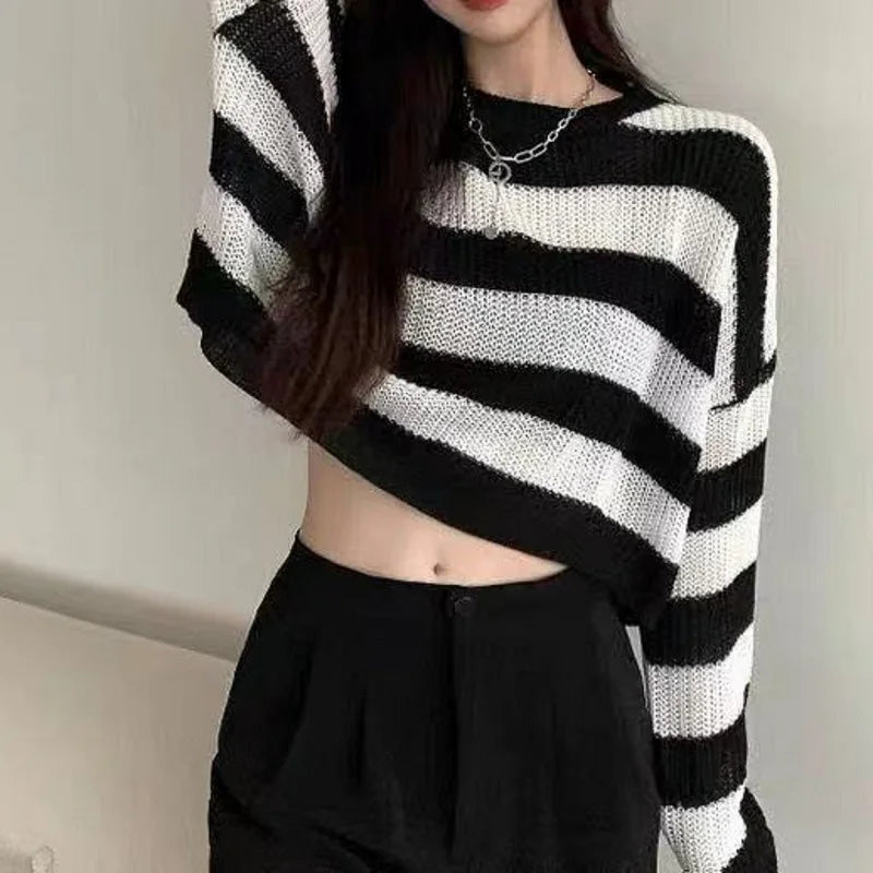 Novi korejski stil Striped obrezani pulover ženske vintage prevelike pletene skakalke ženske jeseni z dolgimi rokavi O-izrez puloverji vrhovi