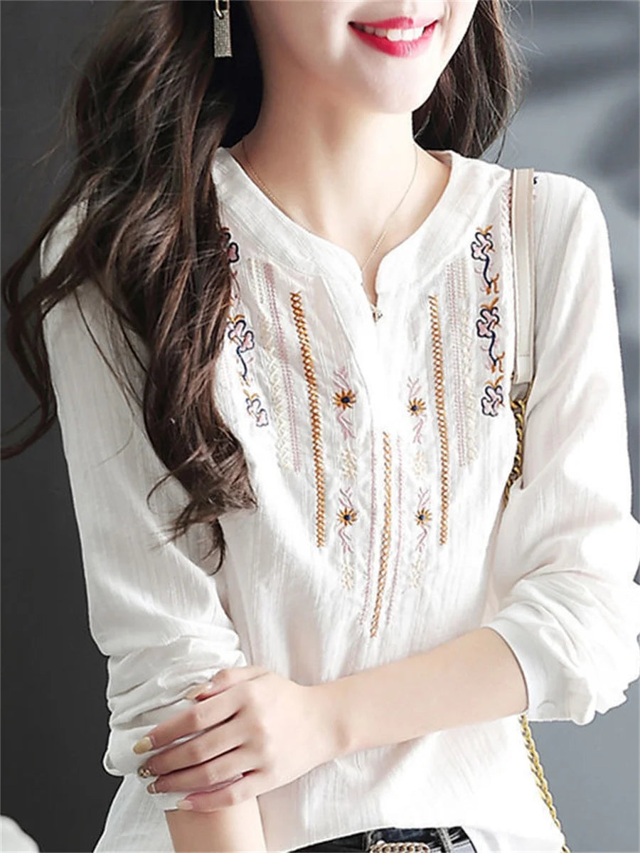 Donne Spring Autumn White Bluse Tops Lady Casual ricamo a v-scollo a v-scollo a maniche lunghe blusas sciolte top top df4272