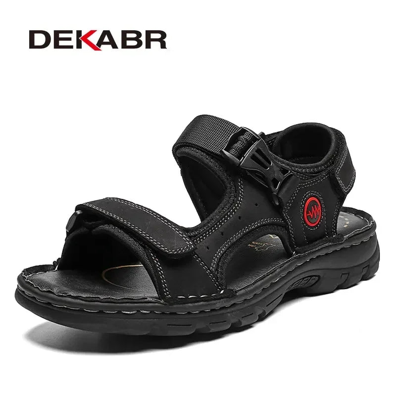 DEKABR Men Genuine Leather Sandals Summer Beach Breathable Fisherman Shoes Slipper Style Soft Bottom Flat Shoes Plus Size 38~48