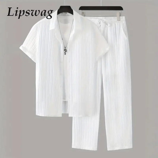 Summer Casual Short Sleeve Shirts And Pants Two Piece Suits Men Fashion Solid Color Sets Vintage Pleated Textured Outfits Mens