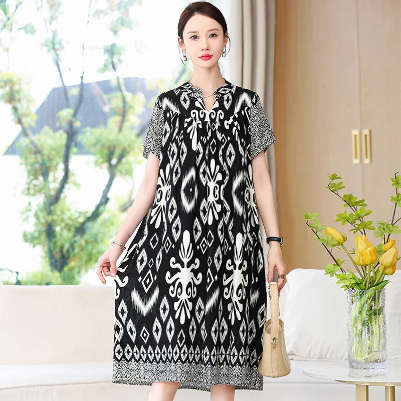 Stor størrelse print bomuld rayon søvnkjole til sommernatkjoler kvinder nye løse damer nattskjorte lounge hjem nat shirt xl-5xl