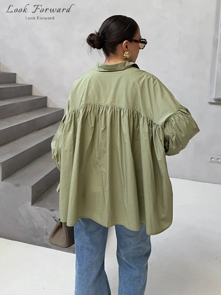 Casual Shirts Women Loose Lantern Sleeve Buttons Turn-Down Collar Pleated Blouse Lady Spring Summer Green Shirts Woman All-match