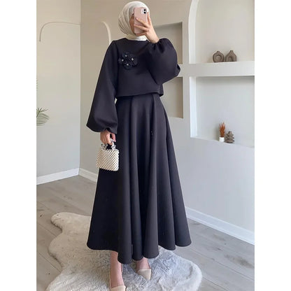 Eid Dubai tískusett 2 stykki konur Lantern ermi Top skyrta og pils hentar Musulman hljómsveitir jalabiya appliques múslimskir settar