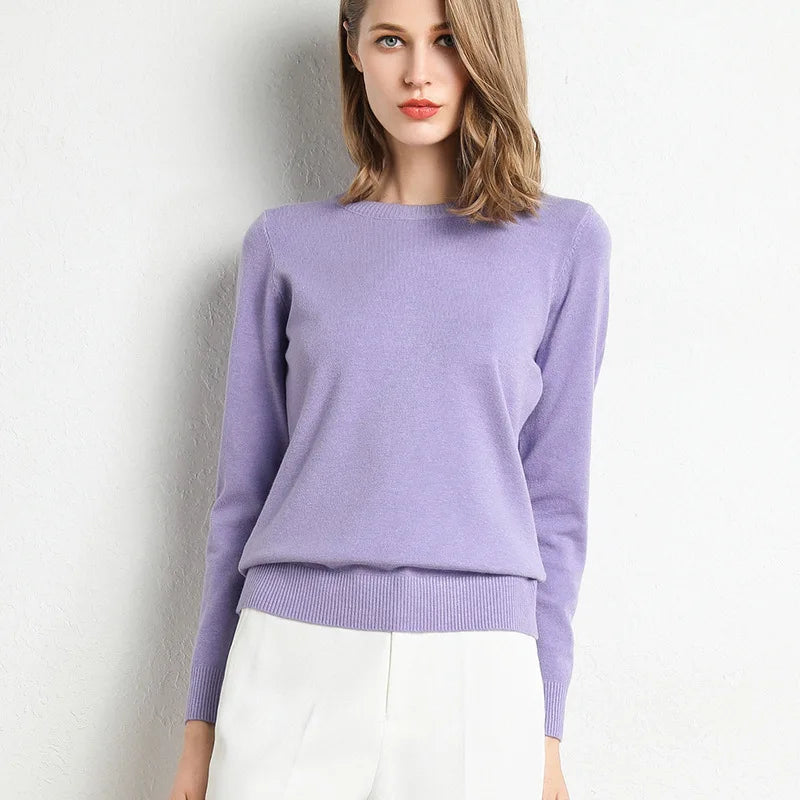 Women Slim O-Neck Solid Pullover Cashmere Wool Blending Sweater Autumn And Winter Long-Sleeved Knit Bottoming Shirt Large Size
