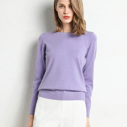Women Slim O-Neck Solid Pullover Cashmere Wool Blending Sweater Autumn And Winter Long-Sleeved Knit Bottoming Shirt Large Size