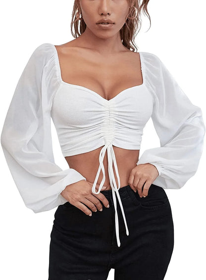 2024 Spring Summer New Sexy V-neck Chiffon Drawstring Lantern Sleeve Tight Fashion Sexy Short Style Waist Long Sleeve Shirt Top
