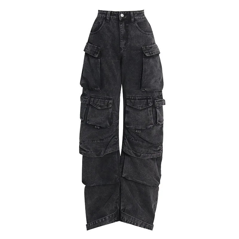 Trendowa dżinsowa odzież robocza | Street Style Black & Grey Multi-Pieszeńskie dżinsy | American Casual High Pary Funkcjonalny projekt