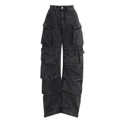 Trendowa dżinsowa odzież robocza | Street Style Black & Grey Multi-Pieszeńskie dżinsy | American Casual High Pary Funkcjonalny projekt