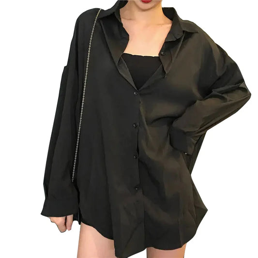 Minimalist Oversize Full Sleeve Women Basic Black Shirt Button Up Blouse  Turn Down Collar BF Long Shirts Autumn Cardigan Tops