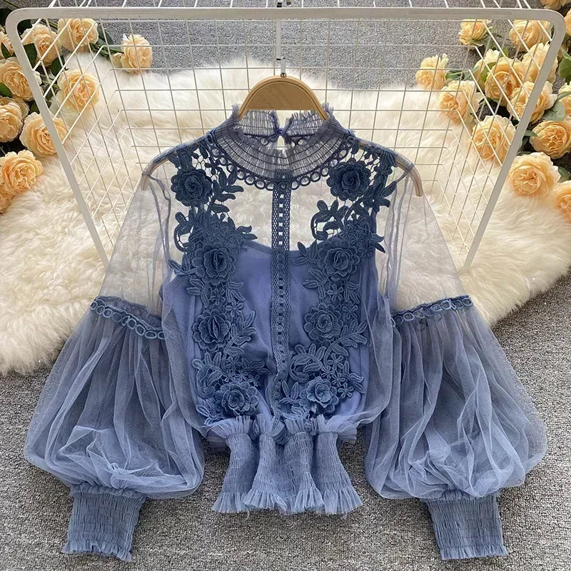 Čipka puff dugi rukavi bluza vintage modne bluze elegantne femme blusas korejske žene vrhovi žene majice odjeća Dropshipping