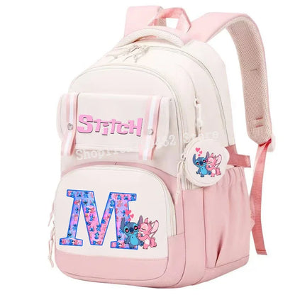 Stitch Angel Backpack Girls Disney Anime Letter A-Z Schoolbags Student School Shoulders Bag Outdoor Sport Travel Rucksack Gift
