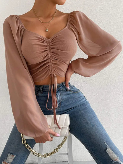 2024 Spring Summer New Sexy V-neck Chiffon Drawstring Lantern Sleeve Tight Fashion Sexy Short Style Waist Long Sleeve Shirt Top