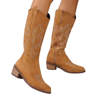 Ženske vezne viteške čizme Žene retro kvadratni nožni prst pu kože koljena visoke čizme ženska jesen zima zapadni kaubojski botas mujer