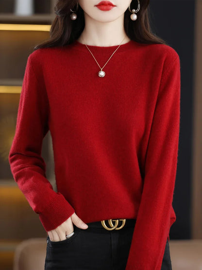 Mode 100% merino ull kvinnors tröja o-hals långärmad pullover vår höst vinter bast Jumper kläder stickkläder toppar