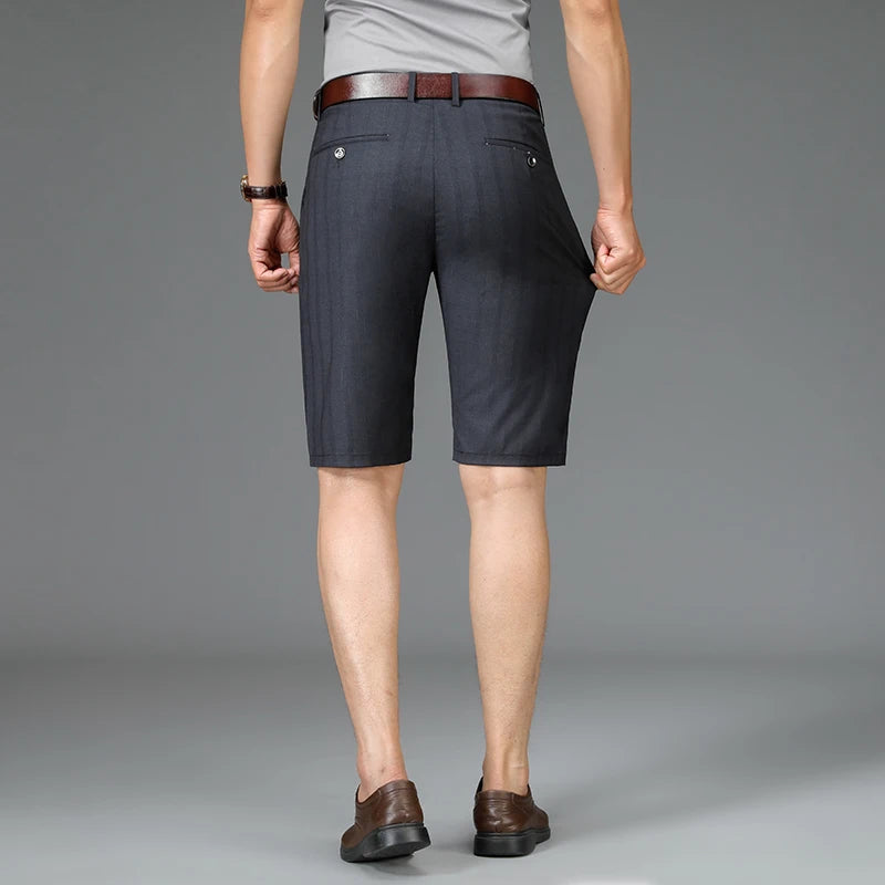 Summer Thin Men's Suit Shorts, Fashionable Vertical Striped Business Knee-length Pants, Loose Casual Dark Gray Mid-pants