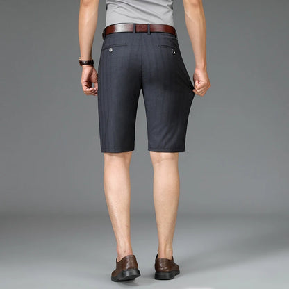 Summer Thin Men's Suit Shorts, Fashionable Vertical Striped Business Knee-length Pants, Loose Casual Dark Gray Mid-pants