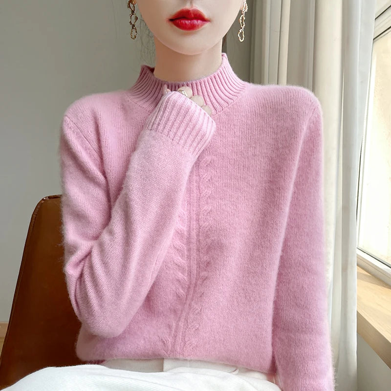 2025 Hemp Pattern Half Turtleneck Women's Woolen Sweater Autumn and Winter Warm 100% Wool Sweater Pure Color Comfort Pullover