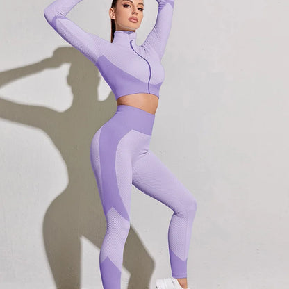2pcs nahtlose Frauen Yoga Set Workout Sportswear Fitnesskleidung Fitness Langarm Crop Top High Taille Leggings Sports Anzüge