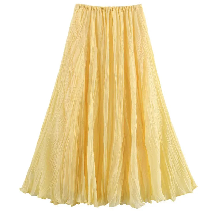 Falda de mujer Hxao Falda amarilla plisada Summer 2025 Faldas largas de cintura Midi Midi Falda de vacaciones casual elegantes