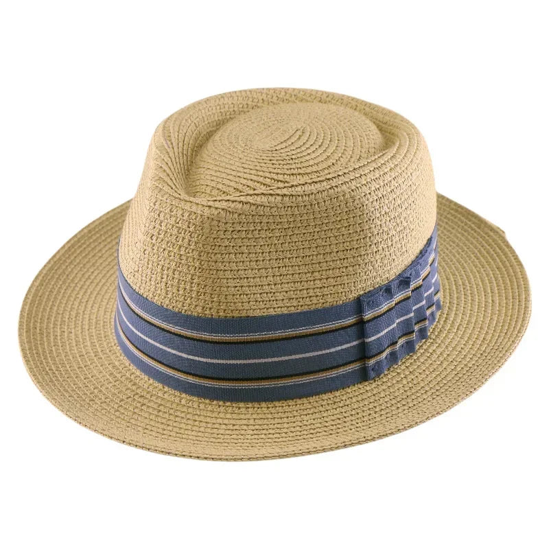 2025 New Fedora Straw pălărie cu o bandă largă cu dungi, pălărie de soare țesută pentru bărbați pentru femei